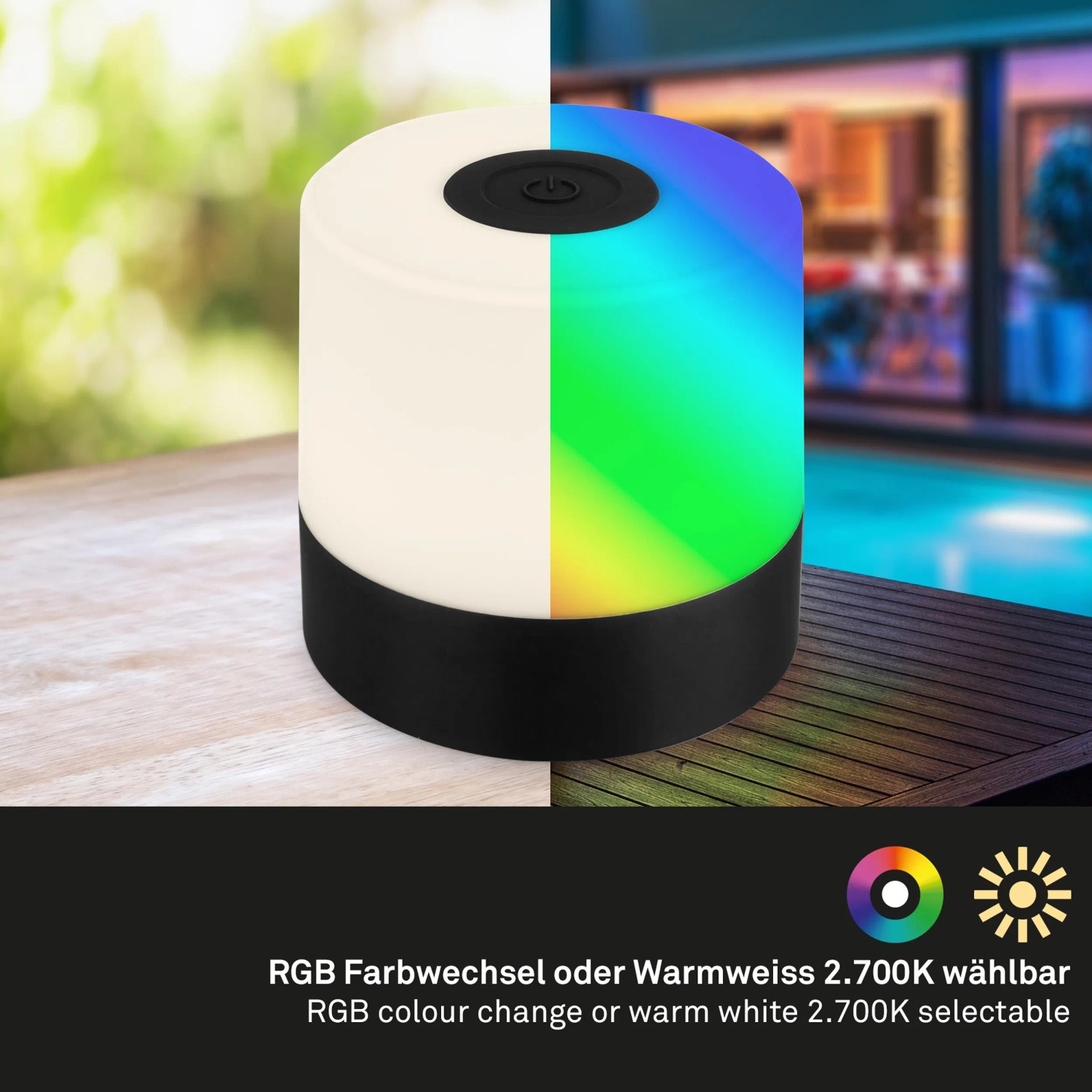 Brilo Akku-Tischleuchte Smal, schwarz, mit RGB und Warmweiß, für stimmungsvolle Außenbeleuchtung.