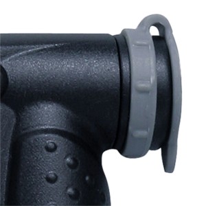 Topeak Handpumpe Mini Dual G: Schwarzer Pumpenkopf mit grauer Schutzkappe für Presta/Schrader/Dunlop Ventile.