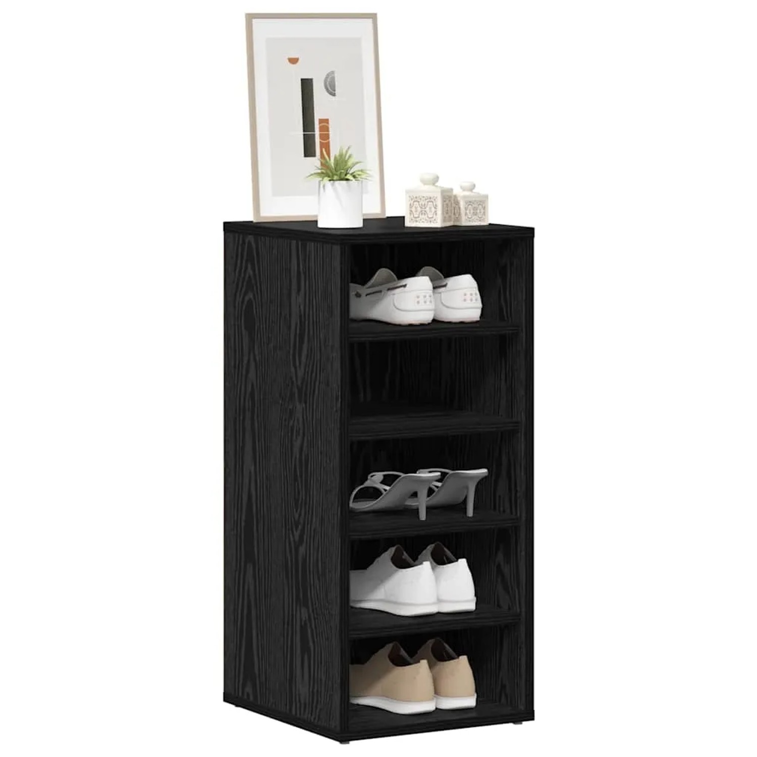 Schuhschrank in Schwarz Eiche Optik mit fünf Fächern für Schuhe.