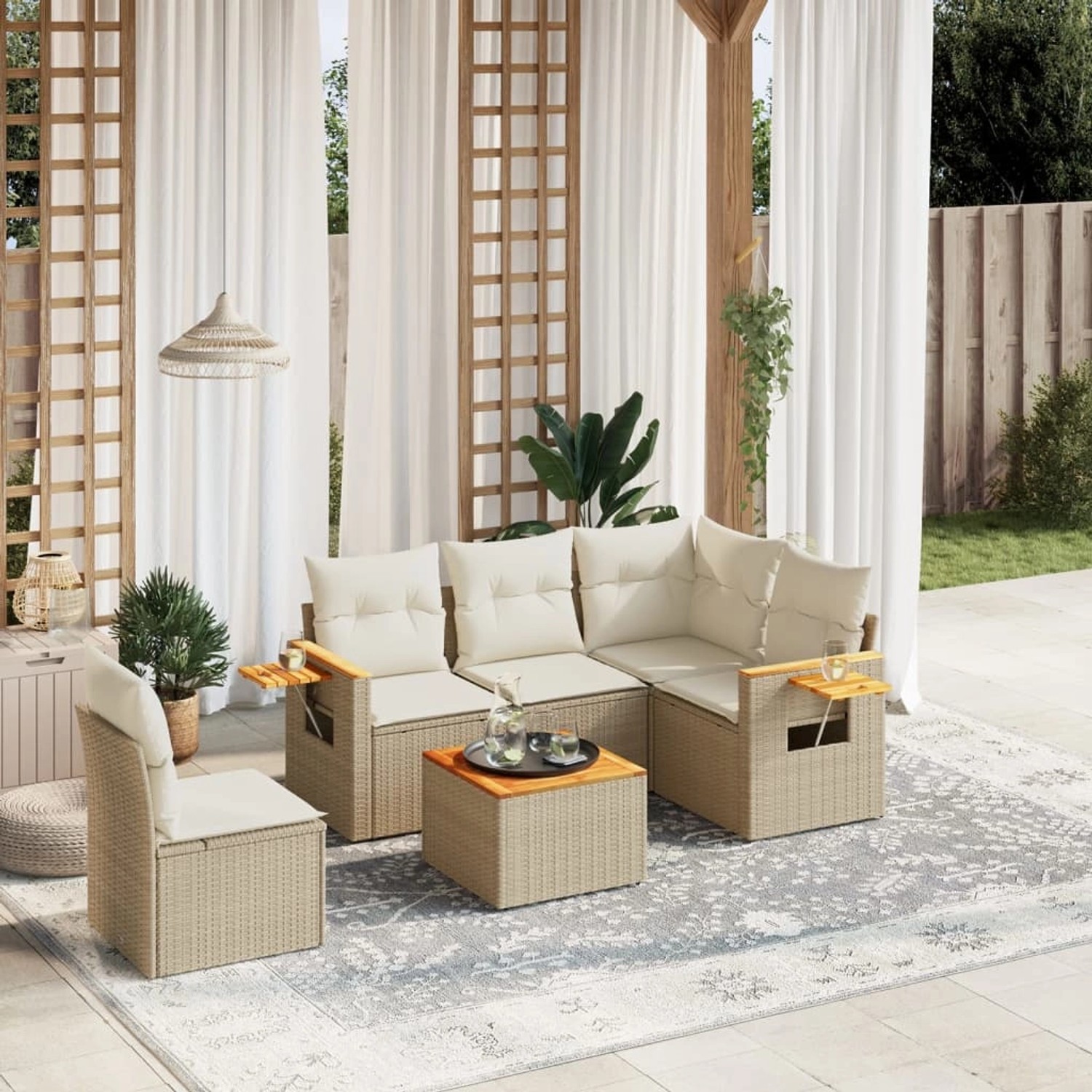 Beige 6-tlg. vidaXL Garten-Sofagarnitur aus Rattan mit Kissen für Terrasse und Garten.