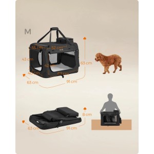 Schwarze Feandrea Hundebox (60x42x42 cm) mit Netzfenstern, Tragegriffen, faltbar. Leicht zu transportieren.