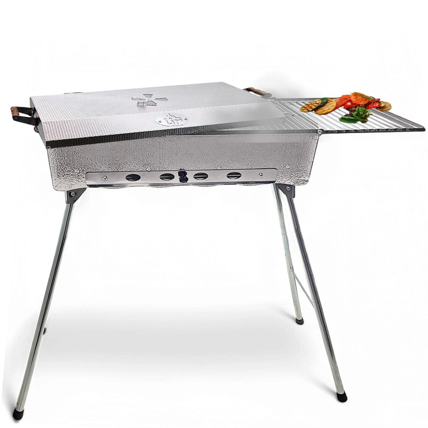 Grillpeter Schaschlikgrill Astana Deluxe aus Edelstahl mit BBQ Deckel und Ablage.