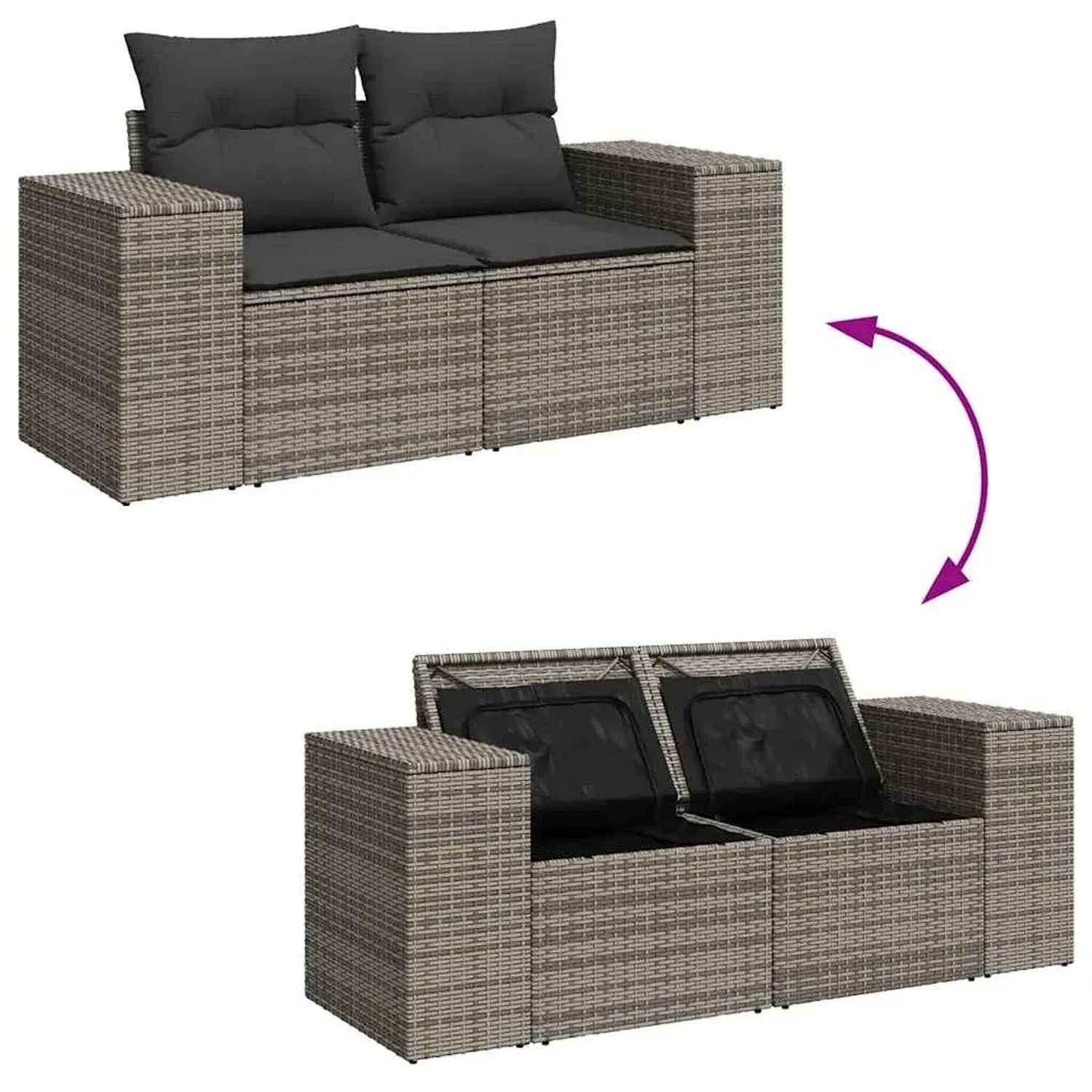 Graue 5-tlg. vidaXL Garten-Sofagarnitur aus Polyrattan mit Kissen und Stauraum.