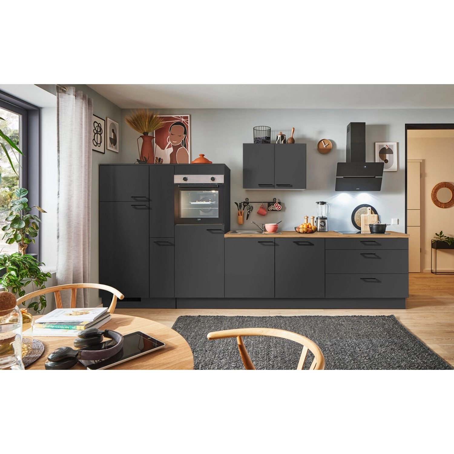 pino Küchenzeile 350 cm Grafit Anschlag,inks 1 Geräte-, 1 Apothekerschrank