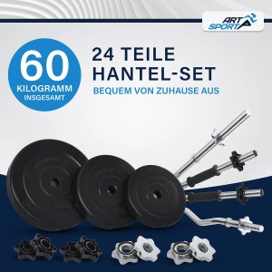 ArtSport Hantelset 3 in 1 mit 60 kg Gewichten, bestehend aus Kurz-, Lang- und Curlhantel.