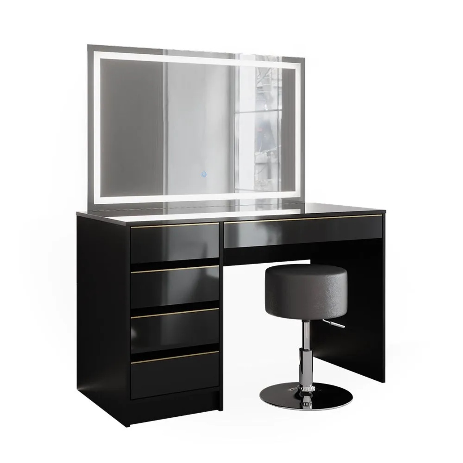 Vicco Schminktisch Sherry Schwarz/Gold 120 x 145 mit LED-Spiegel und Hocker