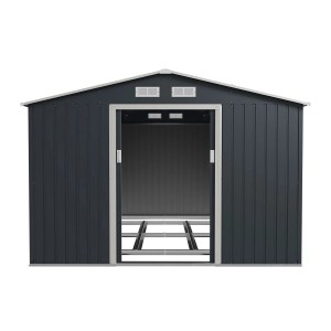 Metall Gerätehaus Juskys XXL mit Satteldach in Anthrazit und Schiebetür.
