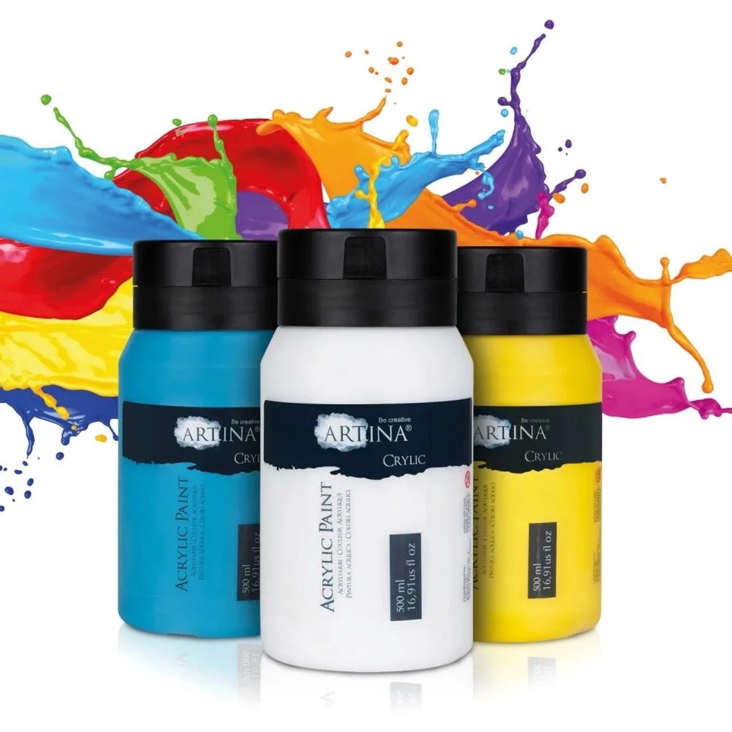 Artina Crylic Acrylfarben Set, 24 Farben à 500ml. Wasserbasierte Künstlerfarben mit hoher Deckkraft.