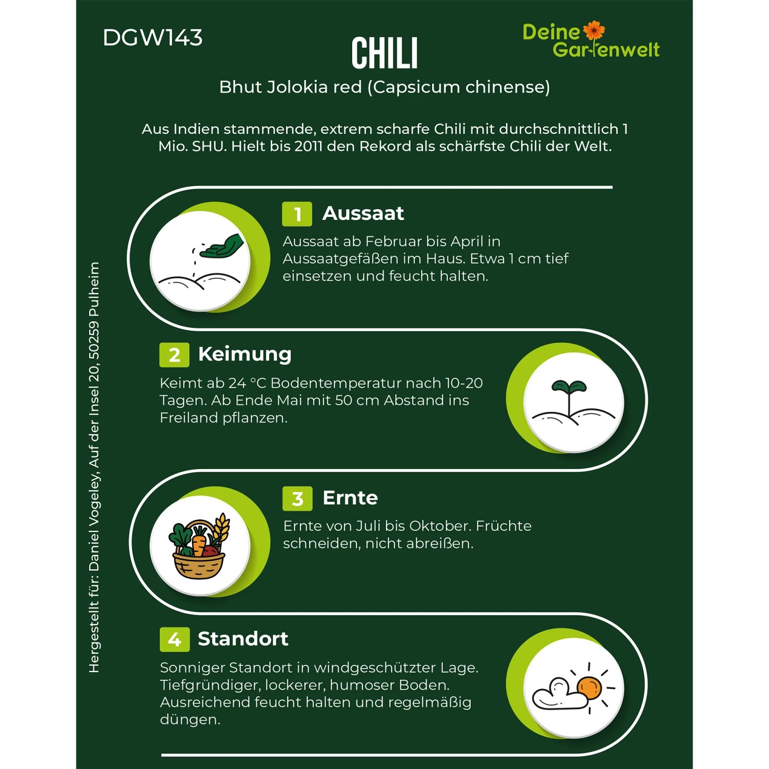 Anbauanleitung für Chili Bhut Jolokia Red Samen. Infografik mit Aussaat, Keimung, Ernte & Standort der Gemüsesamen.