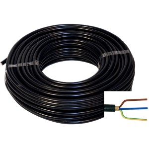 Schwarzes Emskabel Erdkabel NYY-J 3 x 2,5 mm² (50 m Rolle) mit Detailansicht der Innenleiter.