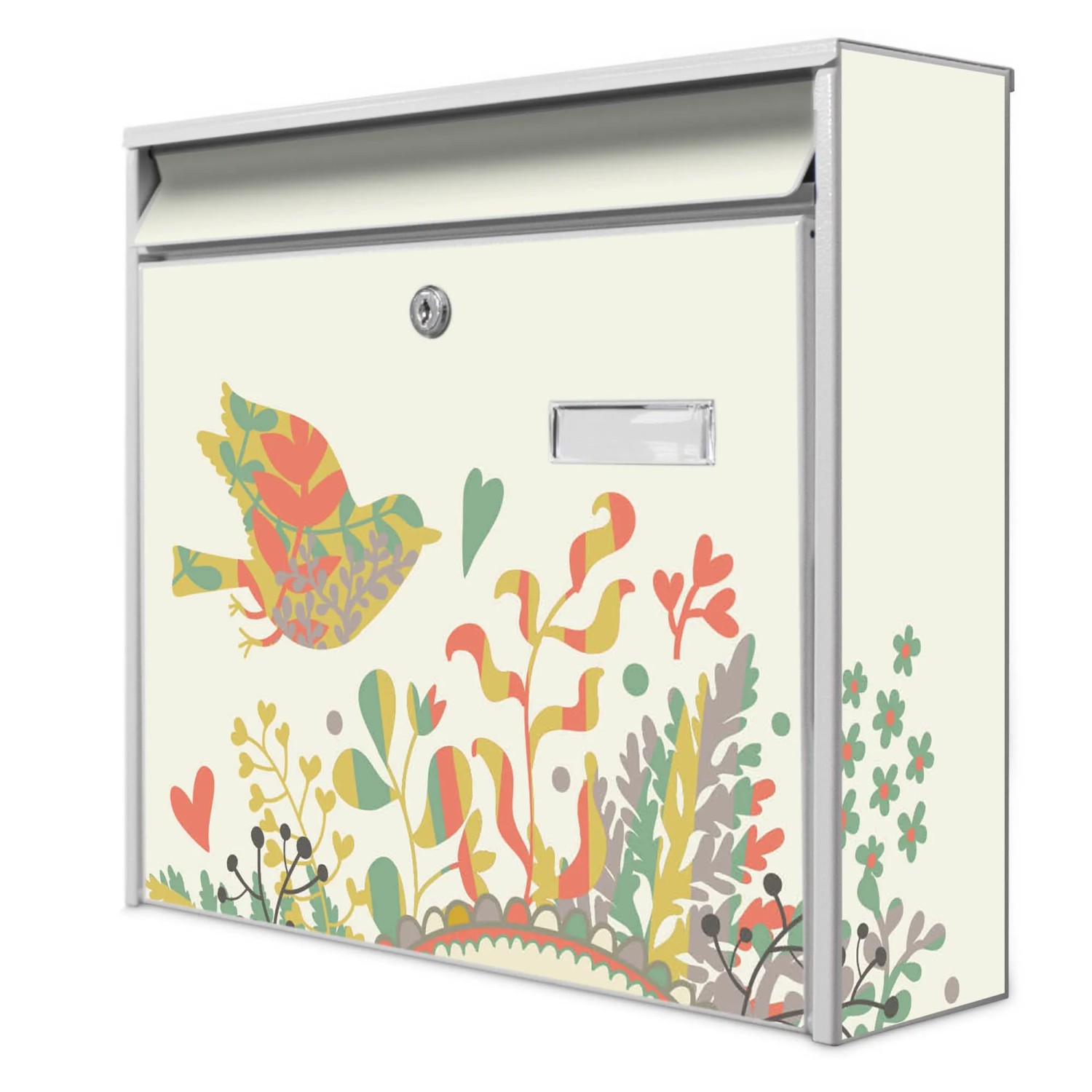 Banjado Briefkasten Weiß 36.2x32.2x10cm Groß / Inkl. Montagematerial & 2 Schlüsseln / Mit Namensschild Motiv Wt Frühling