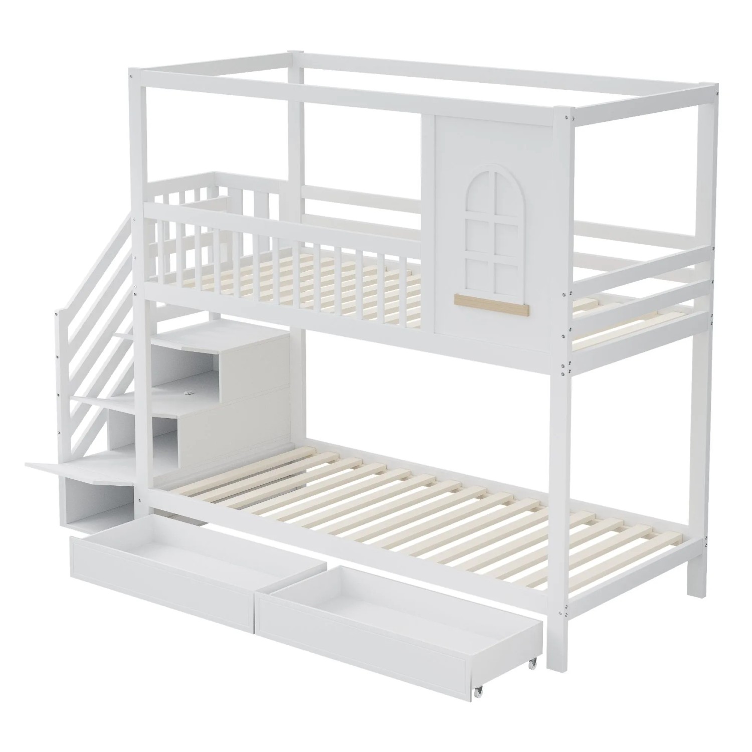 KOMHTOM Etagenbett Kinderbett 90x200Cm  Massivholz Doppelbett  Hausfürm Mit Fenstern  Aufbewahrungsschubladen Und Sicherheitsleiter  Weiß