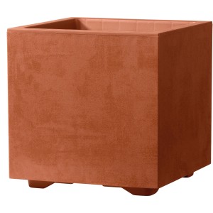 Quadratischer, rostfarbener Deroma Pflanzkübel Cubo Millennium, 25x25x25 cm, aus Kunststoff mit Füßen.