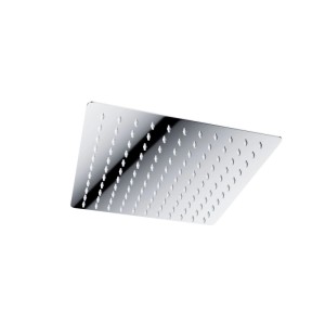 Glänzende, quadratische Chrom-Kopfbrause des KOLMAN Duschsystems mit vielen feinen Düsen.