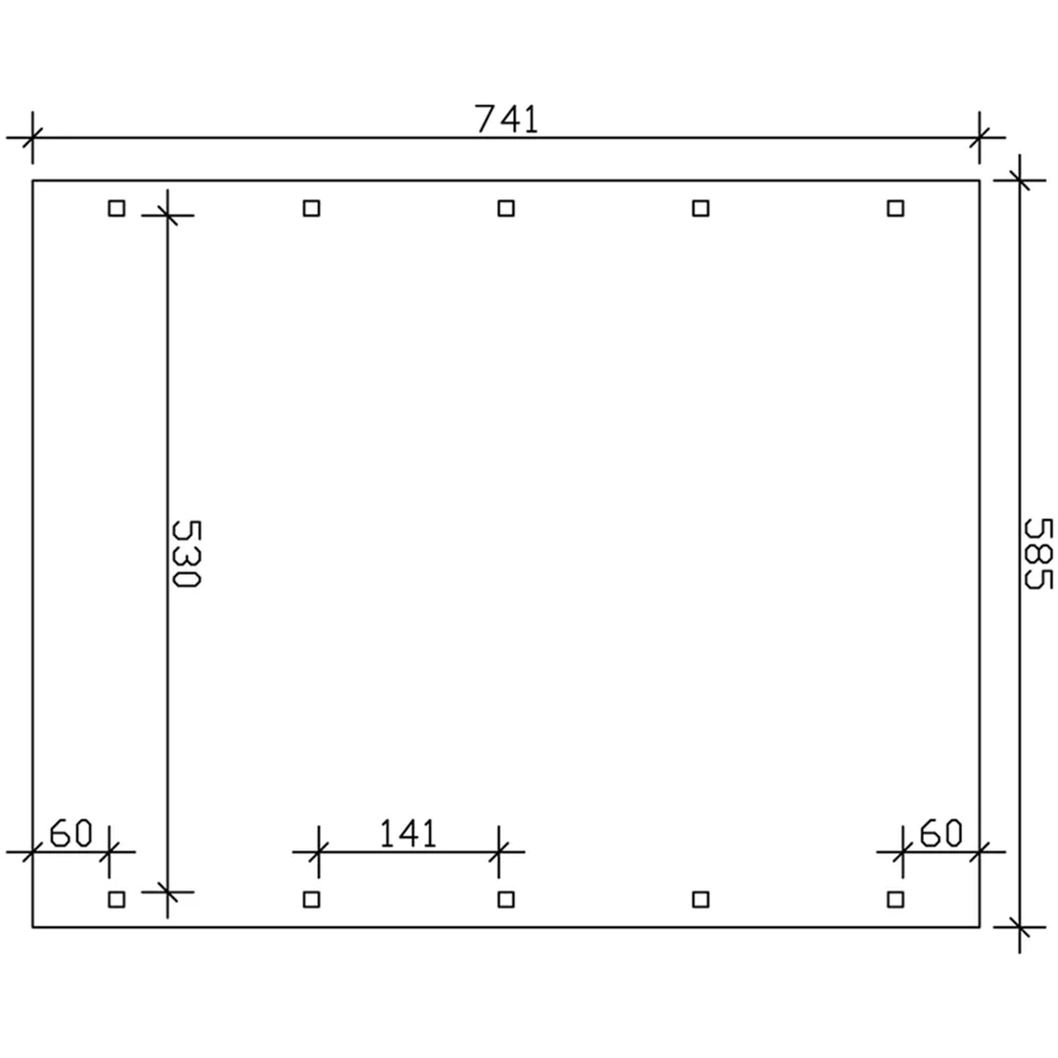 Technische Zeichnung Skan Holz Carport Spreewald, Maße: 585 x 741 cm, rote Blende.