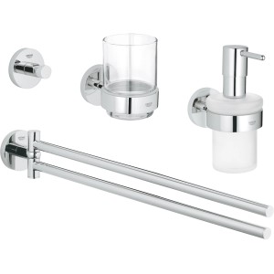 Grohe Bad-Set 4 in 1 Essentials: Chrom Badaccessoires mit Handtuchhalter, Seifenspender, Glas und Haken.