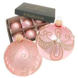 6 rosa Weihnachtskugeln (8cm) von Krebs Glas Lauscha, Floral Barock Design mit goldenem Glitzer.