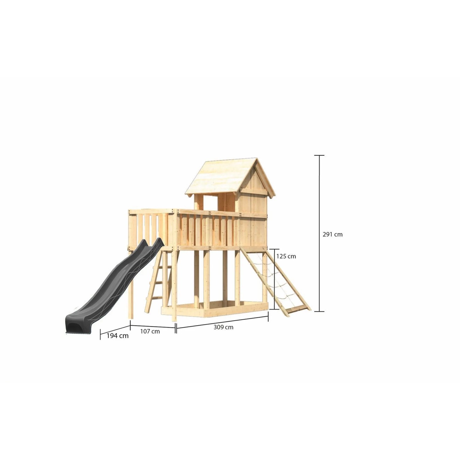 Karibu Spielhaus Frieda mit Rutsche, Anbauplattform und Netzrampe aus Holz, natur/anthrazit.