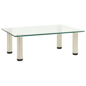 Transparenter vidaXL TV-Tisch aus Hartglas mit Edelstahlbeinen, 40x35x17 cm.