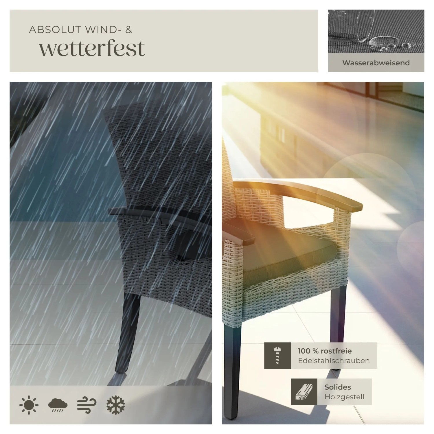 Grauer Tectake Rosarno Rattan Gartenstuhl mit Holzgestell, wetterfest, UV-beständig und wasserabweisendem Polster.