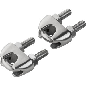 Zwei Seilklemmen aus Edelstahl, Ø 6 mm, zur einfachen Verbindung von Seilen.