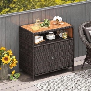 Costway Gartenschrank Rattan mit Akazienholz-Arbeitsplatte Braun