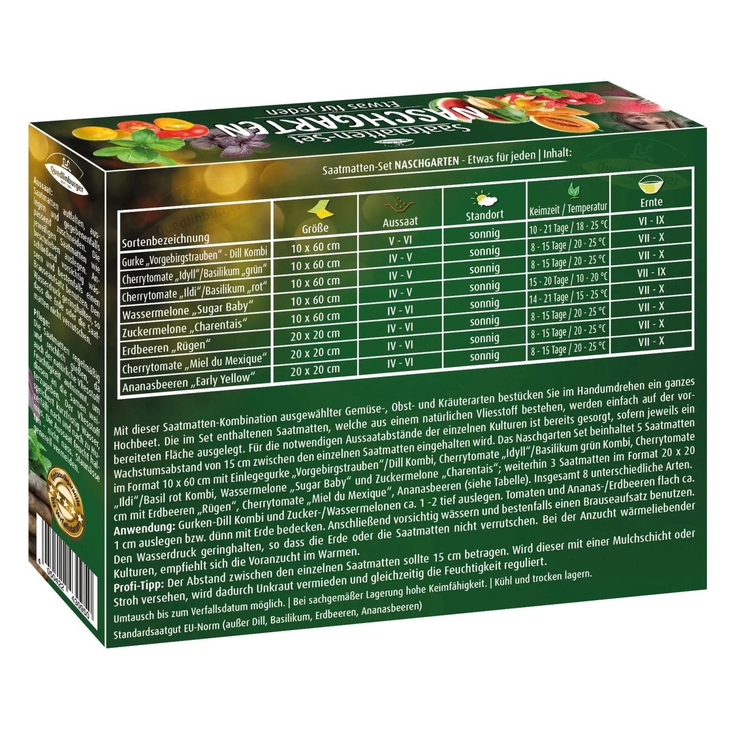 Quedlinburger Saatmatten Naschgarten: Saatmatten-Set mit Gurken, Tomaten, Melonen, Erdbeeren und Ananasbeeren.