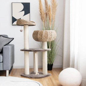 Costway Katzenkratzbaum 104cm mit Sisalstämmen, zwei geflochtenen Betten, braunen Plattformen und Spielball.