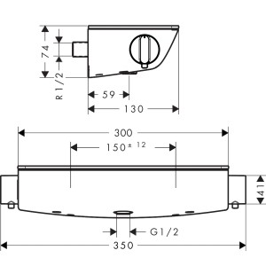 Technische Zeichnung Hansgrohe Ecostat Select Brausethermostat Aufputz, Maße und Anschlüsse.