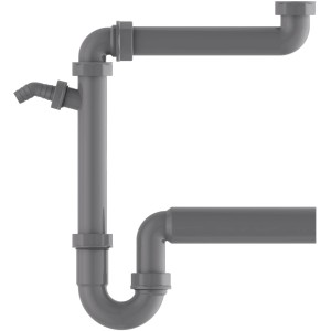 Grauer Raumspar Siphon für Küchenspüle mit Geräteanschluss.