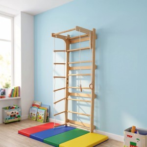 Relaxdays Sprossenwand Holz Natur mit Klimmzugstange Turnringen Strickleiter 215 cm x 80 cm x 57,5 cm 13,2 kg