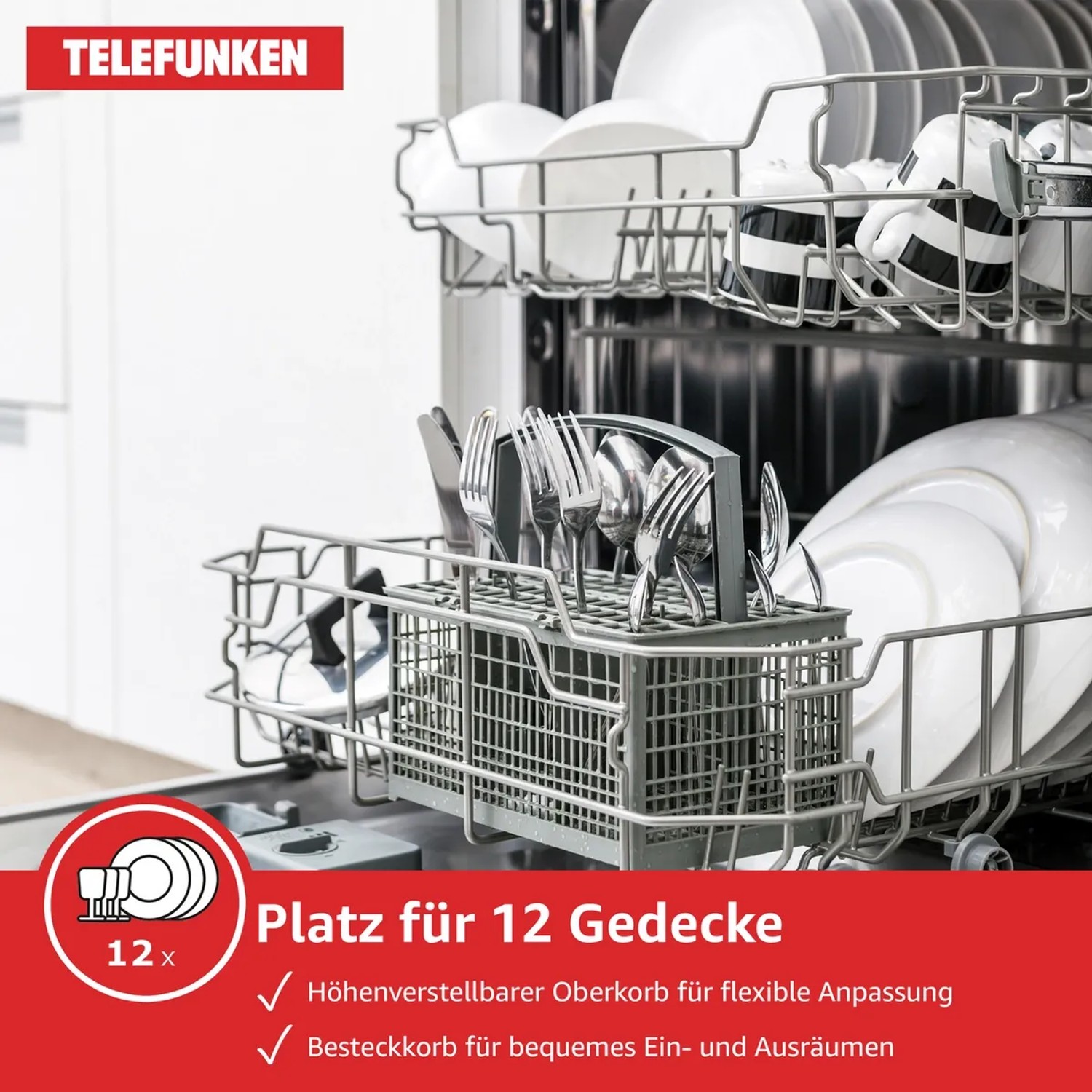 Innenansicht Telefunken Geschirrspüler mit Besteckkorb und Geschirr für 12 Gedecke.