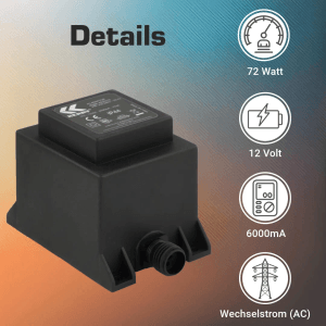 Schwarzer Kerry Electronics Trafo 72W, 12V AC/AC, IP44 für Elektroinstallation.