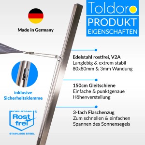 Toldoro 3m Sonnensegelmast Höhenverstellbar Edelstahl 100x100mm Quaddro Pfosten für Sonnensegel mit Höhenverstellung