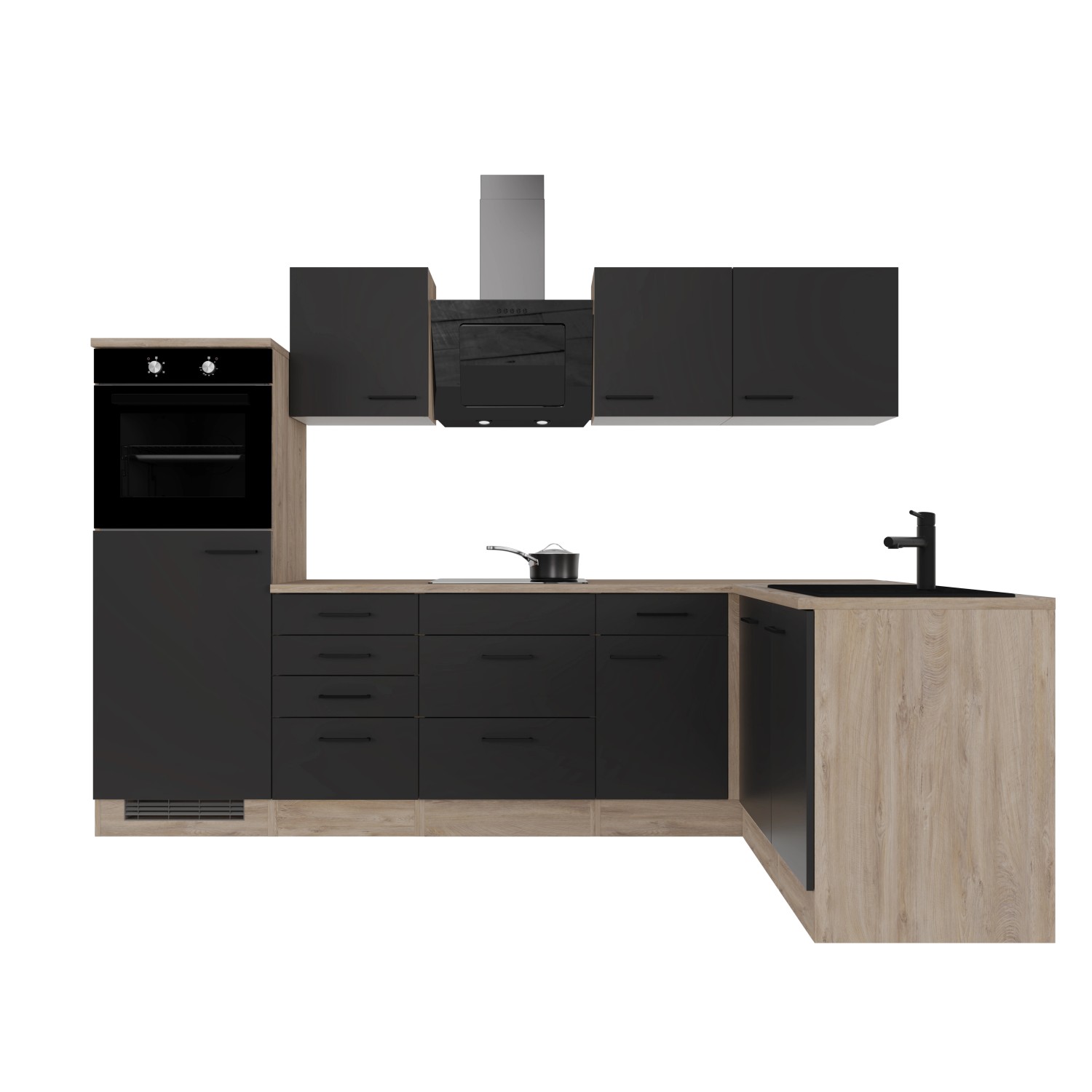 Flex-Well Exclusiv Winkelküche Capri 280 x 170 cm Schwarz Matt-Endgrain Oak günstig online kaufen