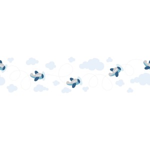 Bricoflor Bordüre mit Flugzeugen und Wolken in Blau für Kinderzimmer.