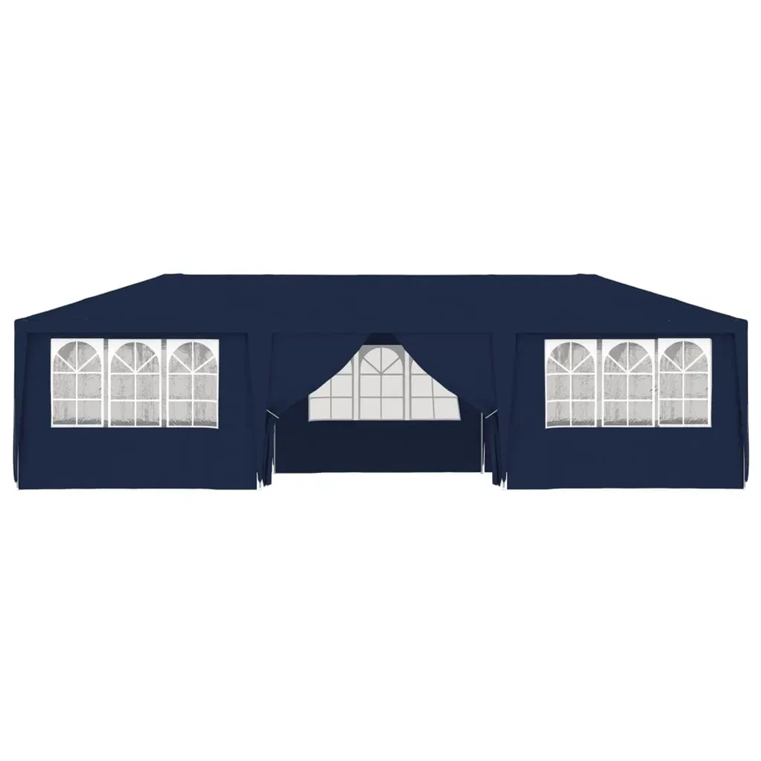 Blaues Partyzelt 4x9 m mit Seitenwänden und Fenstern. Ideal für Gartenpartys und Veranstaltungen.