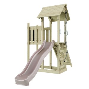 OutdoorToys Spielturm Tromso altrosa mit Rutsche, Kletterseil und Leiter.