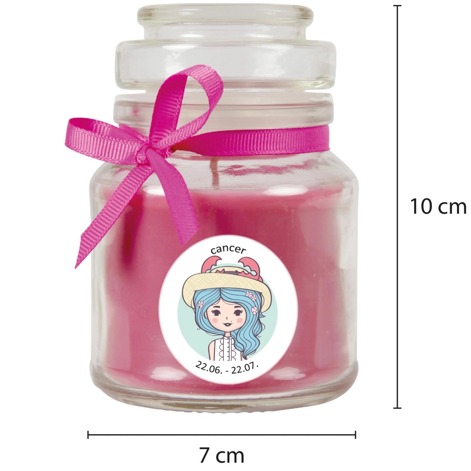 Duftkerze Krebs im Glas mit Lavendelduft und rosa Schleife, Brenndauer 30 Stunden.