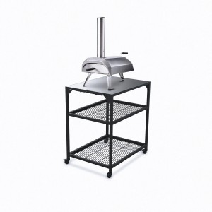 Ooni Modultisch mit Pizzaofen. Grilltisch mit Ablageflächen und Rollen für den flexiblen Einsatz im Garten.