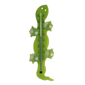 Grünes TFA Fensterthermometer Gecko mit Saugnäpfen zur einfachen Anbringung am Fenster.