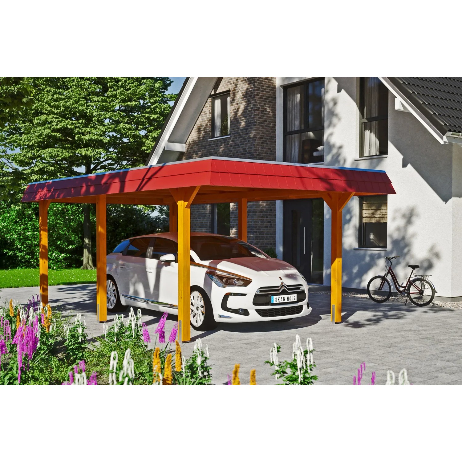 Skan Holz Carport Wendland Eiche hell mit roter Blende und Auto. Einzelcarport mit Flachdach.