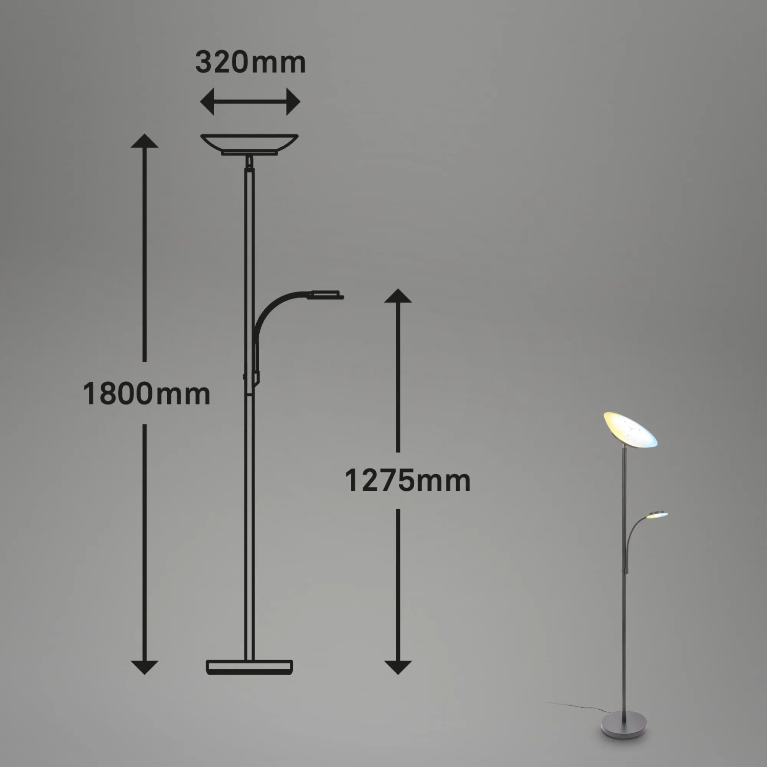 Brilo Stehleuchte Plava, anthrazit, mit Maßen und schwenkbarem Lesearm.