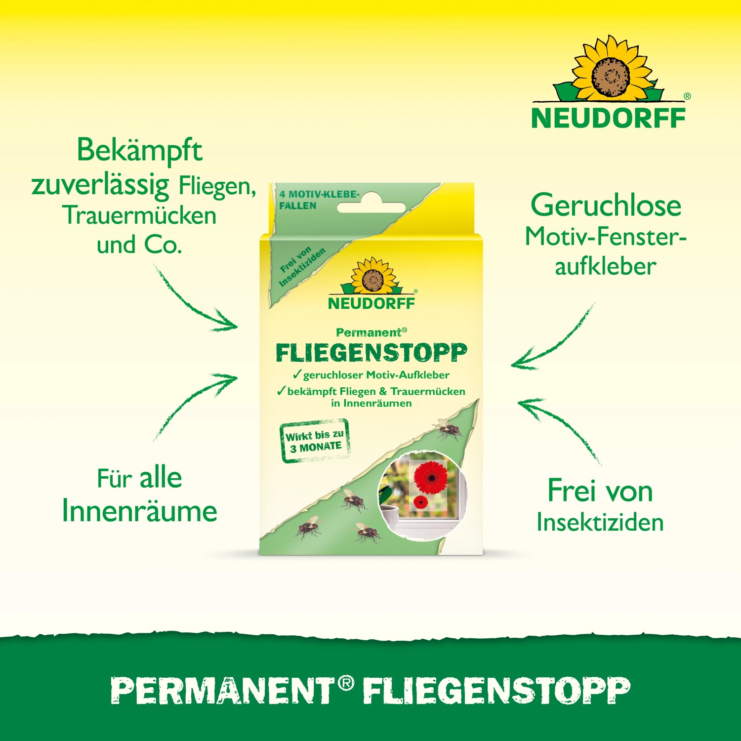 Neudorff Permanent Fliegenstopp Klebefalle mit Motiv, 4 Stück. Effektiver Schutz vor Fliegen in Innenräumen.