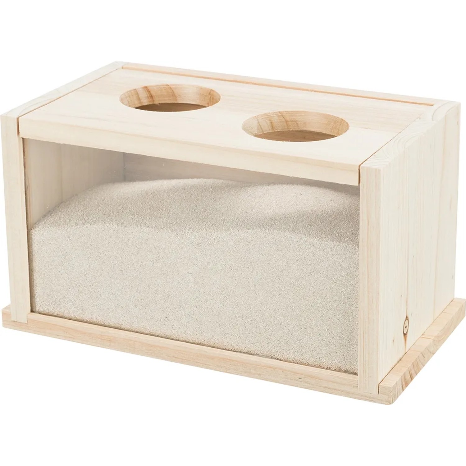 Trixie Sandbad für Mäuse und Hamster aus Holz mit zwei Eingängen und Acrylscheibe.