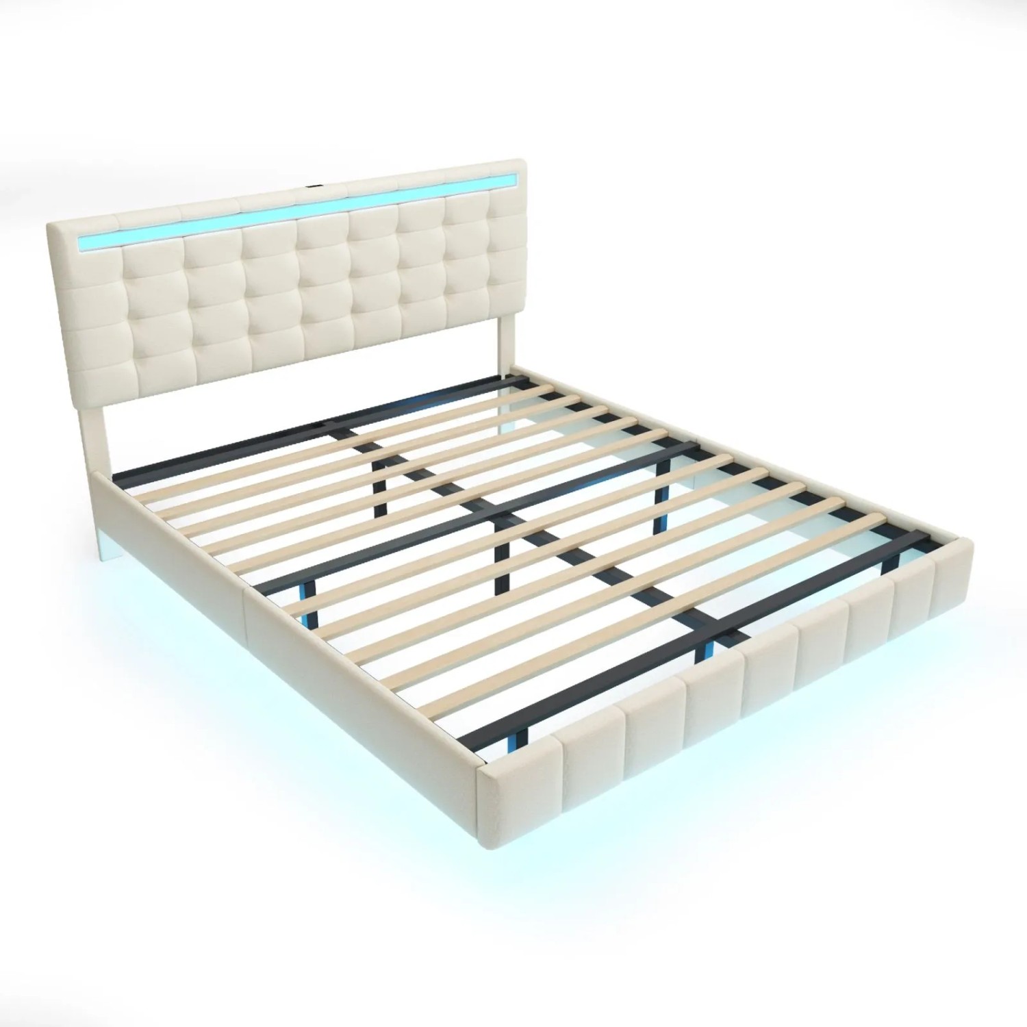 PXloue Bett 160x200-Doppelbett aus Leinen mit LED&USB-Beige