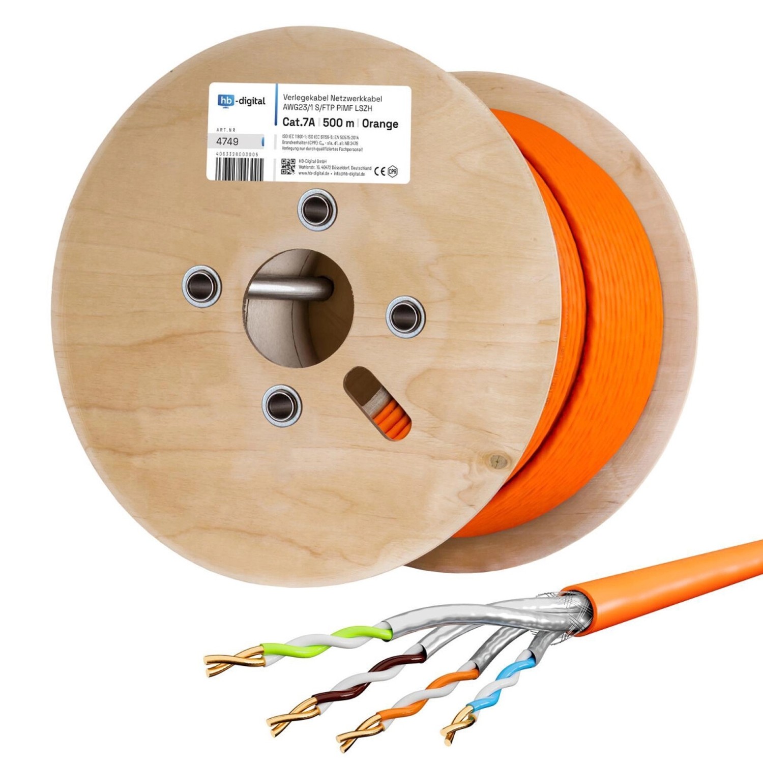 hb-digital Netzwerkkabel CAT 7a Verlegekabel max. 1200 MHz S/FTP AWG23 LSZH 500m orange
