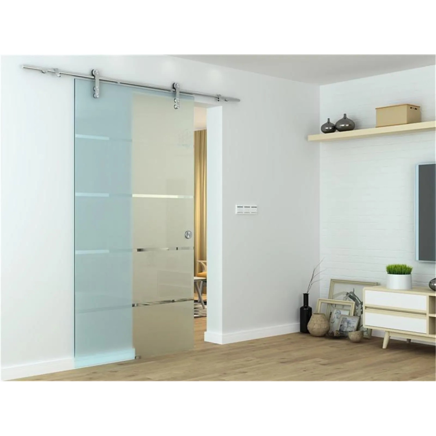 Glasschiebetür Hagen, satiniert, mit Edelstahlschiene, 775 mm breit. Moderne Glastür für den Innenbereich.