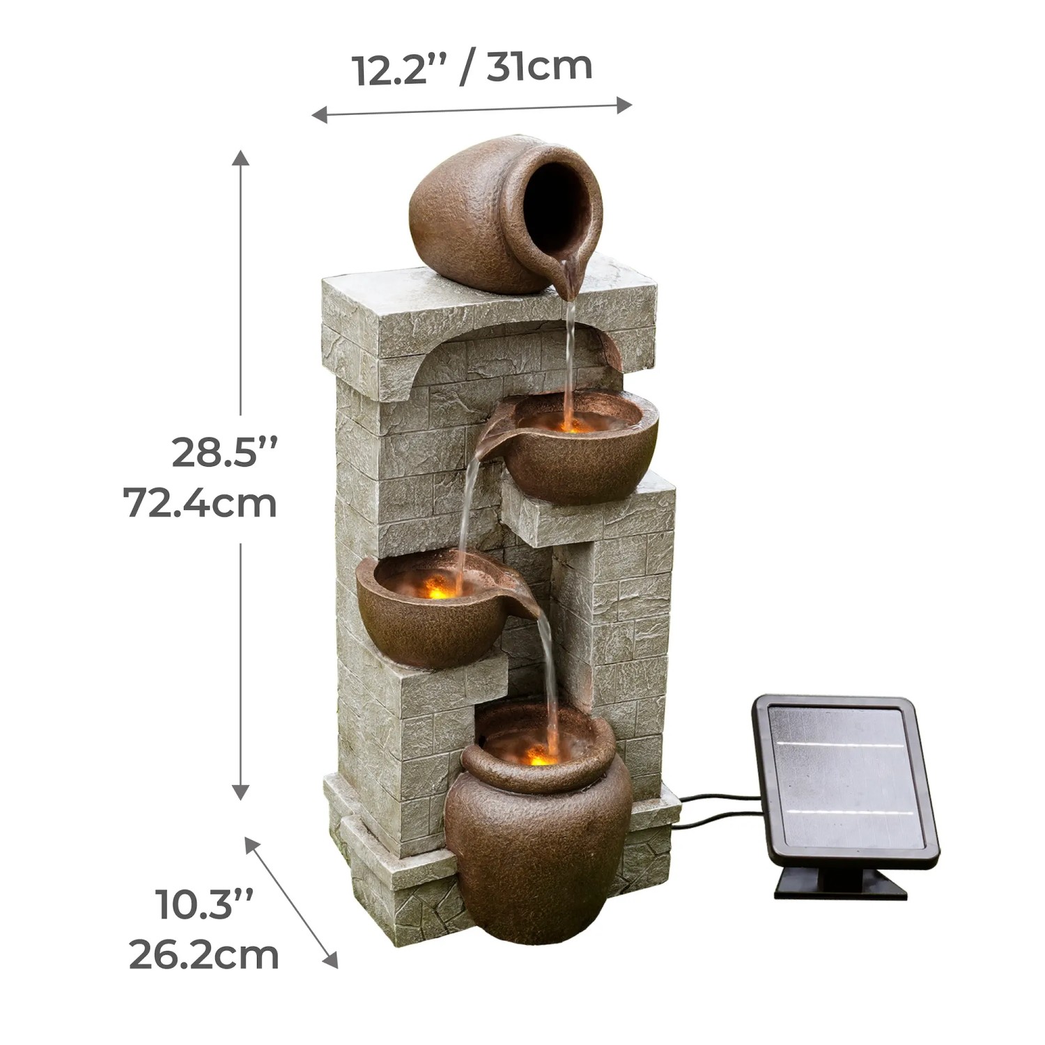 4-stufiger Teamson Home Gartenbrunnen, solarbetrieben, 72 cm hoch, mit LED-Beleuchtung und Solarpanel.