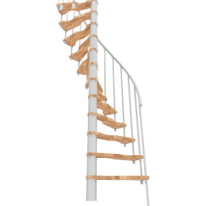 Weiße Minka Spindeltreppe Suono Smart mit Buchenholzstufen, platzsparend und ideal für kleine Räume.